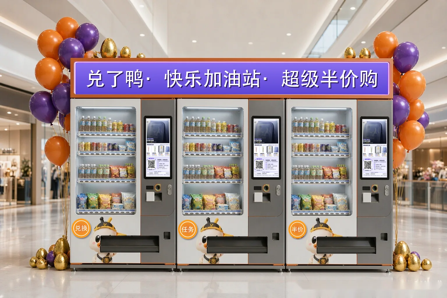 兑了鸭主题快闪店效果图：三台兑了鸭终端智能机并排组成一个主题快闪场景，顶部为统一主题灯箱，两侧以气球与金色蛋形道具装饰，位于商场中庭（图为 AI 渲染效果示意，图中商品与屏内界面仅作示意）