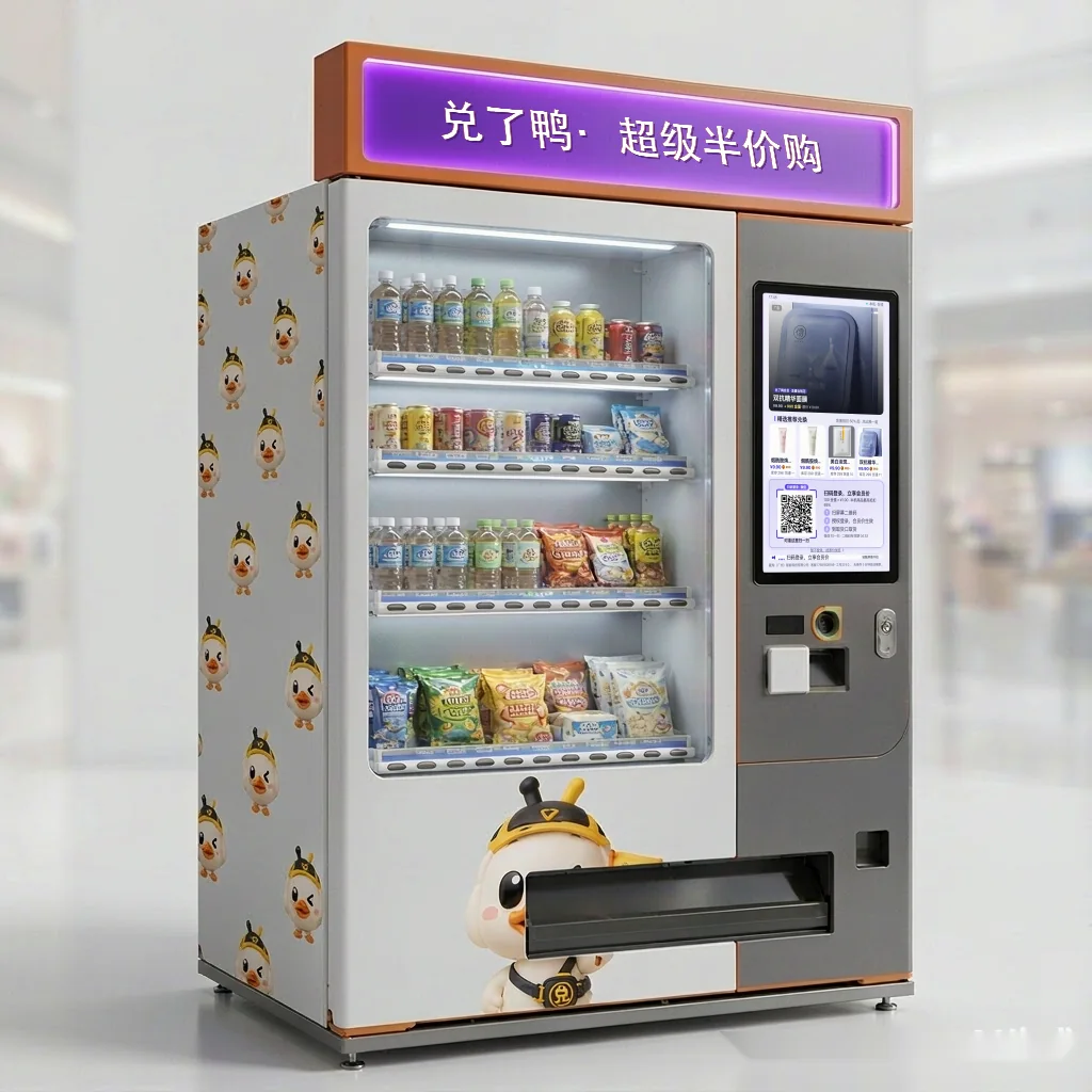 兑了鸭终端智能机整机效果图：顶部紫色发光灯箱「兑了鸭 · 超级半价购」，玻璃透视窗内四层货道分层摆放饮用水、饮料与休闲零食，右侧触摸屏显示商品详情与兑换入口（该界面为 AI 渲染示意，屏内二维码不可扫），下方为出货口，机身左侧为满幅 IP 鸭图案贴纸面板，底部为兑了鸭 IP 形象